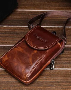 Cool Leather Mens Vintage Small Side Bag Belt Pouch Waist Bag For Men Red Brown