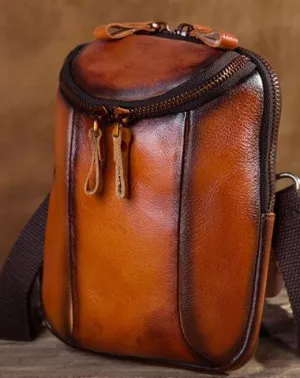 Cool Leather Tan Belt Waist Bag Belt Pouch for Men Mini Shoulder Bag For Men Tan