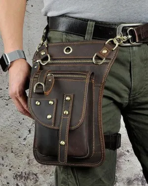 Cool Leather Utility Drop Leg Bag Belt Pouch Mens Waist Bag Shoulder Bag for Men Vintage Brown