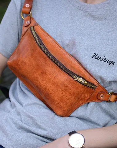 Cool Light Brown Leather Men Chest Bag Waist Bag Tan Fanny Pack Hip Bag Bum Pack For Men Tan