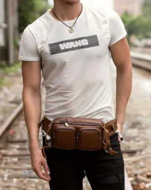 Cool Mens Brown Leather Fanny Pack Waist Bag Hip Pack Black Belt Bag Bumbag for Men Black