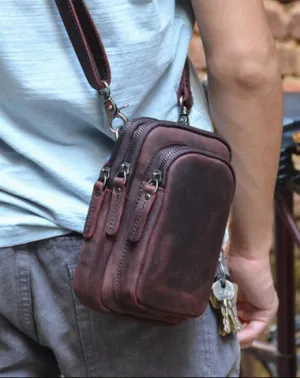 Cool Mens Leather Barrel Belt Pouch Mini Shoulder Bag Waist Bag Belt Phone Holster For Men Red Brown