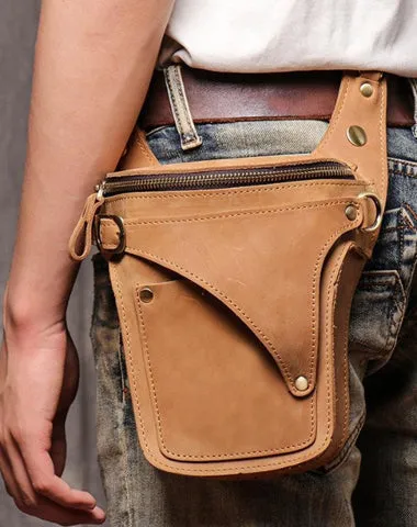 Cool Tan Men's Motorcycle Belt Pouch Belt Bag Leather Drop Leg Bag Waist Bag For Men Tan