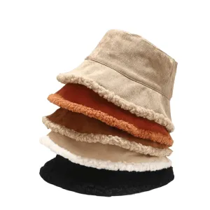 Corduroy Lamb Fur Bucket Hat stylish boater hat with ribbon on model