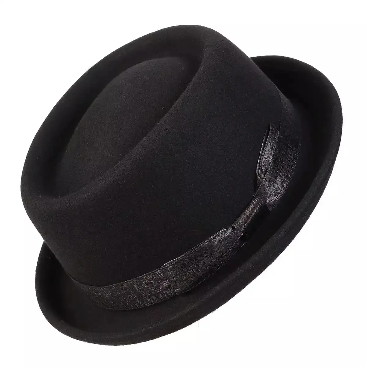 Corleone Black Wool Porkpie Hat stylish boater hat with ribbon on model
