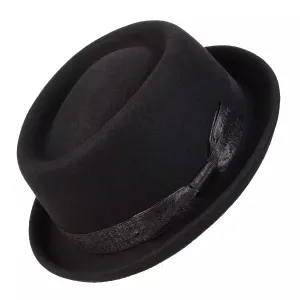 Corleone Black Wool Porkpie Hat stylish boater hat with ribbon on model