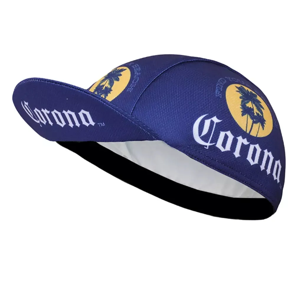 Corona Blue Cycling Cap boater hat with bow in beach sunlight