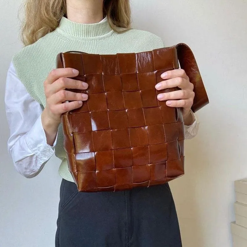 Cowhide Leather Bucket Bag Handwoven Chocolate Brown, Coffee, Black, Retro Medium Purse Womens Cinch Shoulder Bag, Gift for Her bucket bags for sale