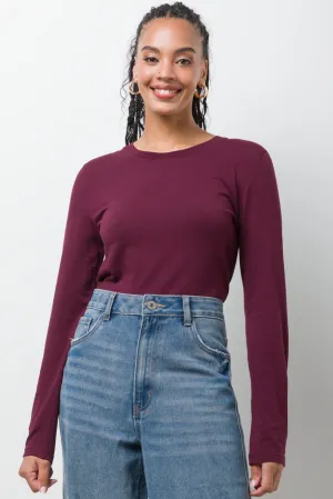 Crew Neck Long Sleeve T-Shirt Burgundy,women t-shirt cotton,women t-shirt top,boutique women's clothing