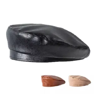 Crupet Vintage Leather Beret stylish boater hat with ribbon on model