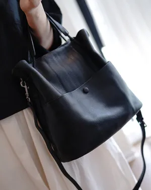 Cute Black Leather Bucket Tote Shoulder Bag Women Barrel Tote Handbag for Women cheap online