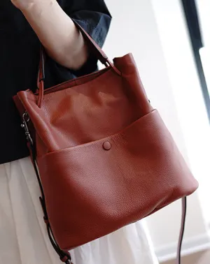 Cute Brown Leather Bucket Tote Shoulder Bag Women Barrel Tote Handbag for Women cheap online