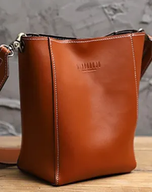 Cute Brown LEATHER WOMEN Bucket SHOULDER BAG Barrel Crossbody Purses FOR WOMEN cheap online