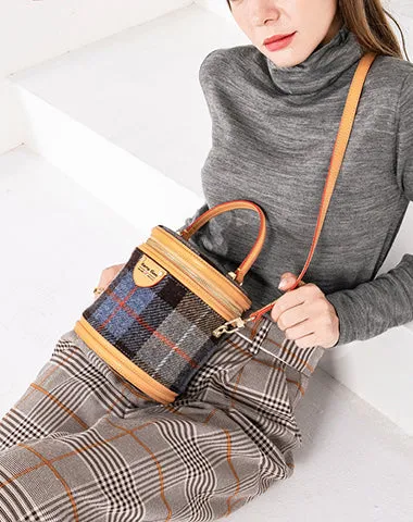 Cute Womens Black Leather Tweed Bucket Handbag Barrel Crossbody Purse Handmade Round Shoulder Bag for Women cheap online