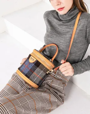 Cute Womens Black Leather Tweed Bucket Handbag Barrel Crossbody Purse Handmade Round Shoulder Bag for Women cheap online