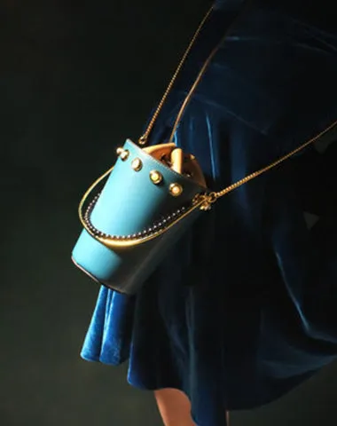 Cute Womens Blue Leather Barrel Chain Crossbody Purse Bucket Round Chain Shoulder Bag for Women cheap online