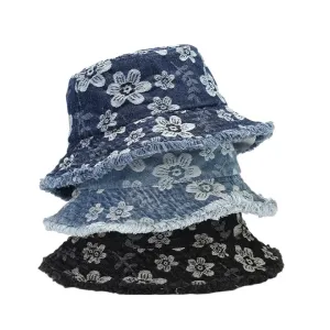 Daisy Flowers Denim Bucket Hat boater hat with bow in beach sunlight