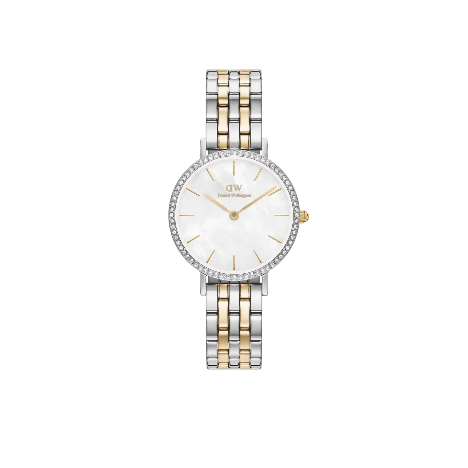 Daniel Wellington Petite 28mm Bezel 5-Link White MOP Two-Tone Watch DW00100665 