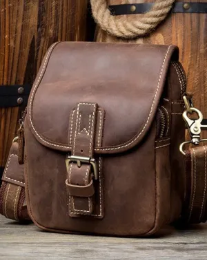 Dark Brown Casual Leather Mens Small Side Bag Messenger Bag Waist Bag Belt Pouch for Men Dark Brown