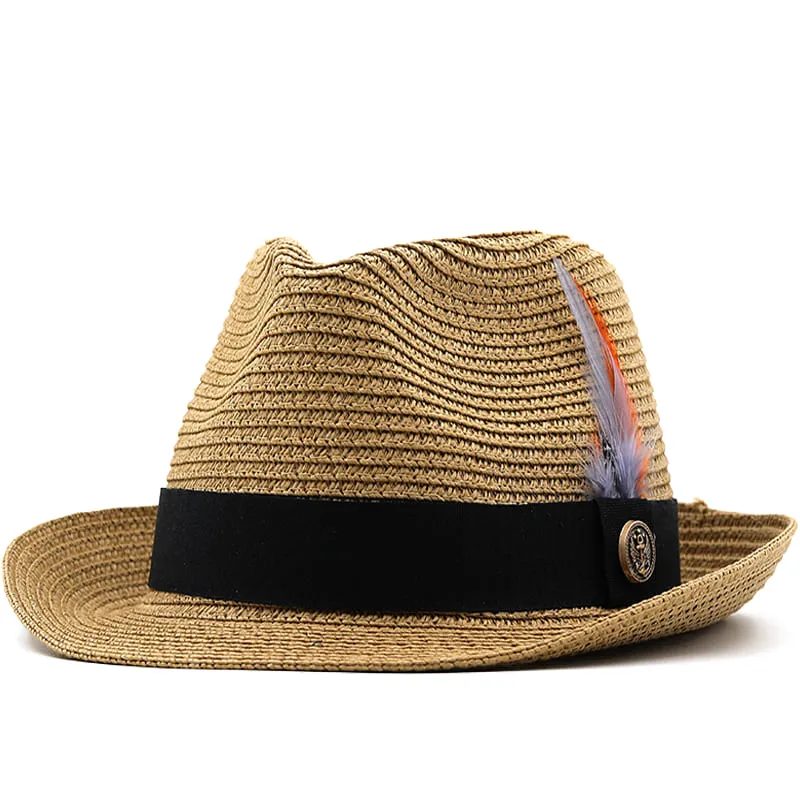 Delmare Feather Trilby Hat boater hat with bow in beach sunlight