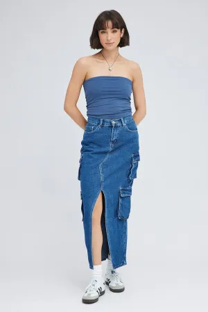 Denim Cargo Skirt Mid Rise Maxi Utility Pocket Details,skirt,denim skirt,mini skirt,maxi skirt,jean skirt,skort,tennis skirt,pleated skirt,pencil skirt,bubble skirt,plisse skirt,fitted skirt,midi skirt,short skirt,short mini skirt,leather skirt,a line skir
