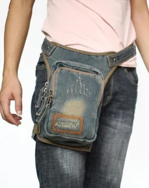 Denim Jean Mens Waist Bag DropLeg Pouch Bag Blue Hip Bag Fanny Pack For Men Dark Blue