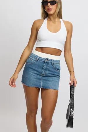 Denim Mini Skirt High Rise Underwear Waist Detail,skirt,denim skirt,mini skirt,maxi skirt,jean skirt,skort,tennis skirt,pleated skirt,pencil skirt,bubble skirt,plisse skirt,fitted skirt,midi skirt,short skirt,short mini skirt,leather skirt,a line skirt