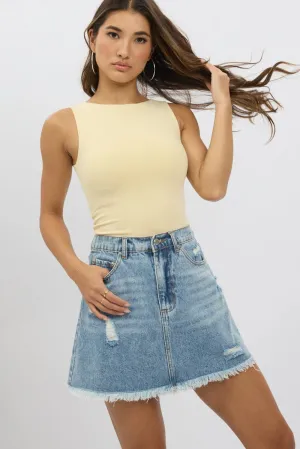 Denim Mini Skirt High Waisted Frayed Hem Distressed,skirt,denim skirt,mini skirt,maxi skirt,jean skirt,skort,tennis skirt,pleated skirt,pencil skirt,bubble skirt,plisse skirt,fitted skirt,midi skirt,short skirt,short mini skirt,leather skirt,a line skirt