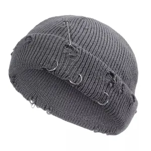 Downtown Metal Rings Short Docker Beanie stylish boater hat with ribbon on model