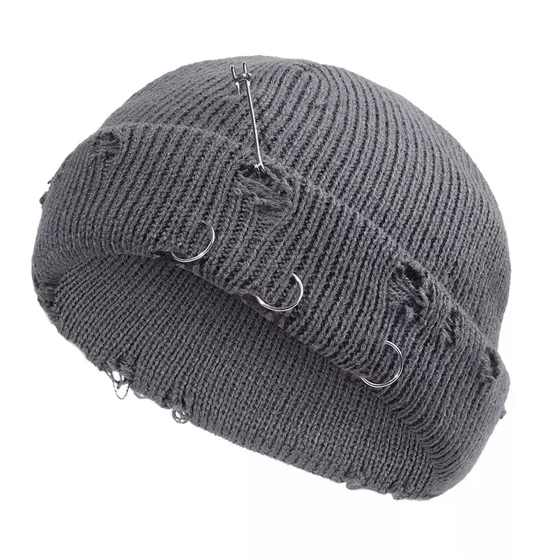 Downtown Metal Rings Short Docker Beanie stylish boater hat with ribbon on model