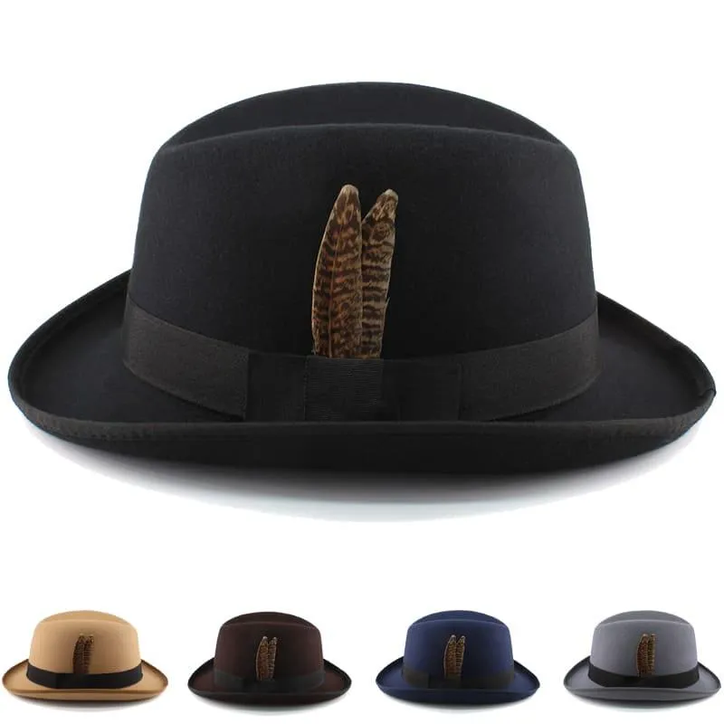 Dryden Feather Wool Homburg Hat stylish boater hat with ribbon on model