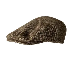 Durham Brown Dots Wool Flat Cap boater hat with bow in beach sunlight