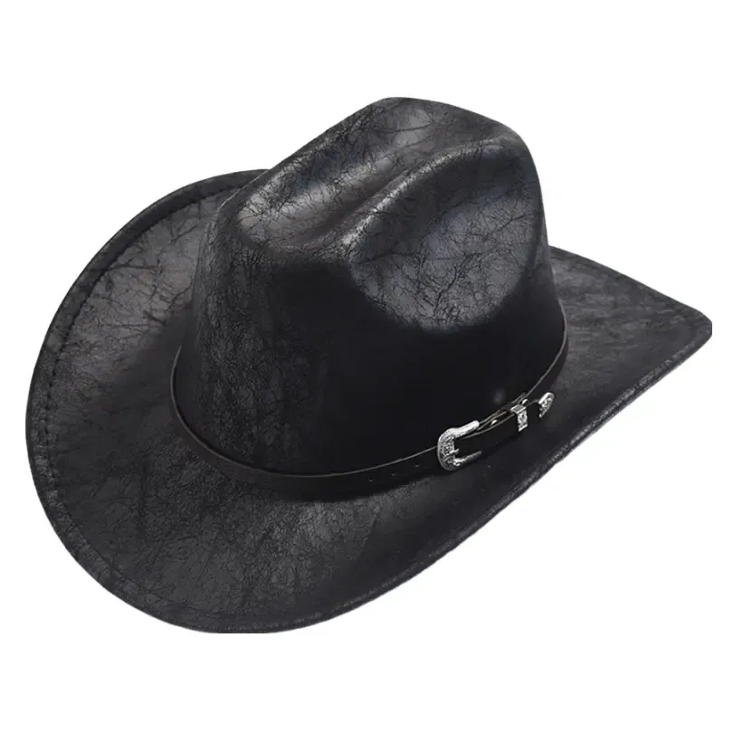 Eastwood Black Leather Cowboy Hat boater hat with bow in beach sunlight