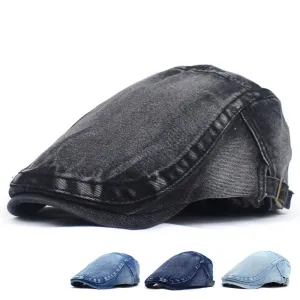 EDY Washed Denim Flat Cap stylish boater hat with ribbon on model
