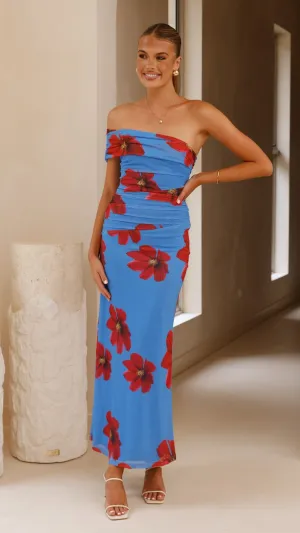 Eisa One Shoulder Maxi Dress - Blue / Red Floral,prom dresses,wedding guest dresses,homecoming dresses,bridesmaid dresses,cocktail dresses,women clothing,summer dresses,formal dresses,sundresses,mother of the bride dresses,quince clothing,bodycon dress,dre
