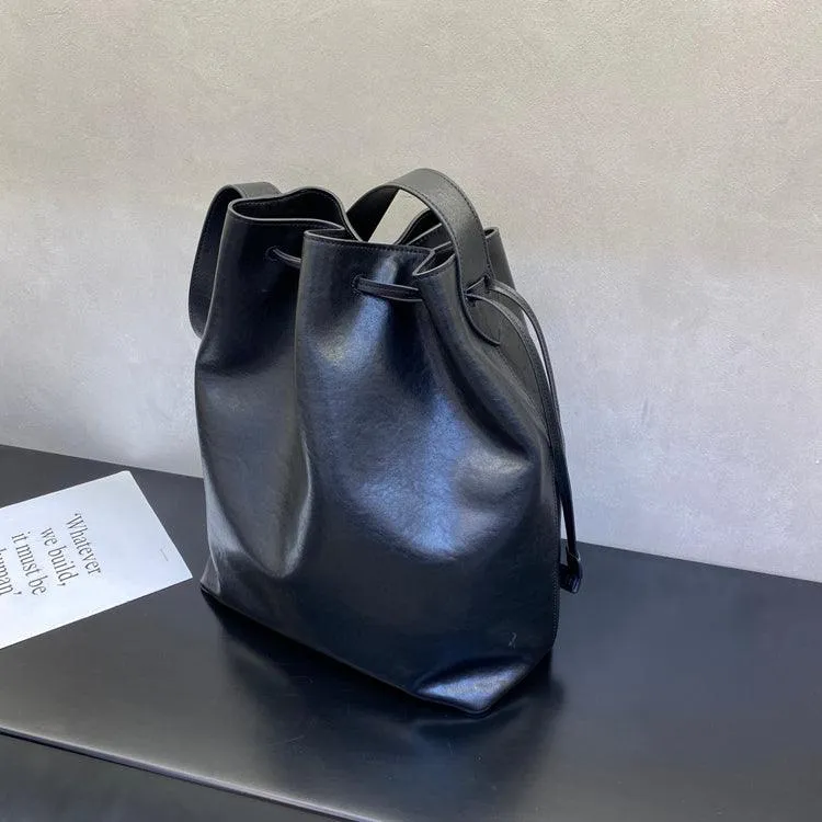 Elegant Cowhide Leather Bucket Tote Bag with Wide Strap?C Large Shoulder and Crossbody Bag for Women