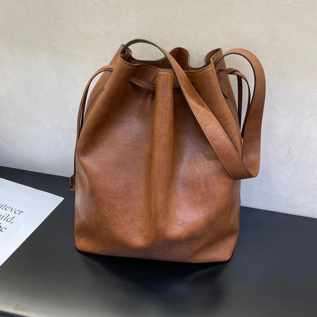 Elegant Cowhide Leather Bucket Tote Bag with Wide Strap?C Large Shoulder and Crossbody Bag for Women