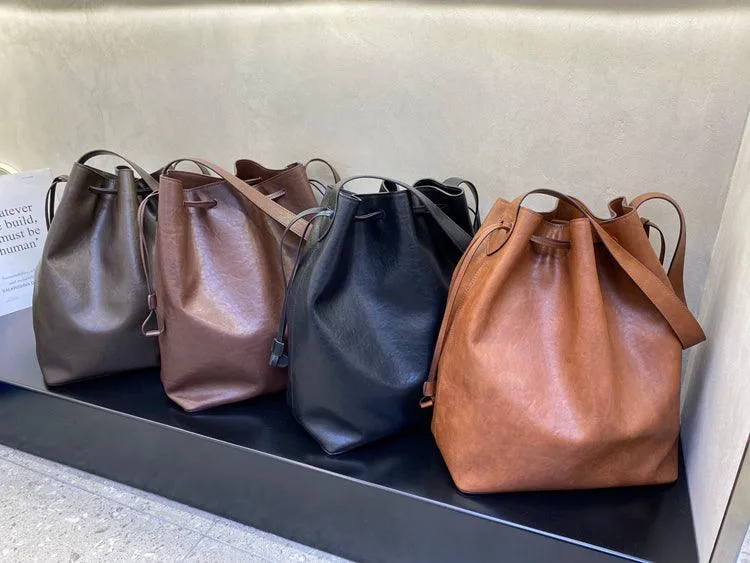 Elegant Cowhide Leather Bucket Tote Bag with Wide Strap?C Large Shoulder and Crossbody Bag for Women