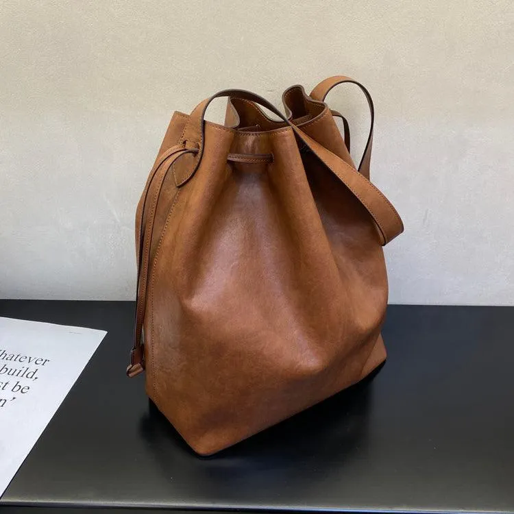 Elegant Cowhide Leather Bucket Tote Bag with Wide Strap?C Large Shoulder and Crossbody Bag for Women