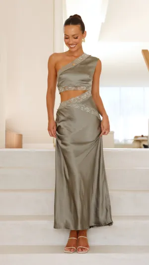 Emily One Shoulder Maxi Dress - Khaki,prom dresses,wedding guest dresses,homecoming dresses,bridesmaid dresses,cocktail dresses,women clothing,summer dresses,formal dresses,sundresses,mother of the bride dresses,quince clothing,bodycon dress,dress casual,d