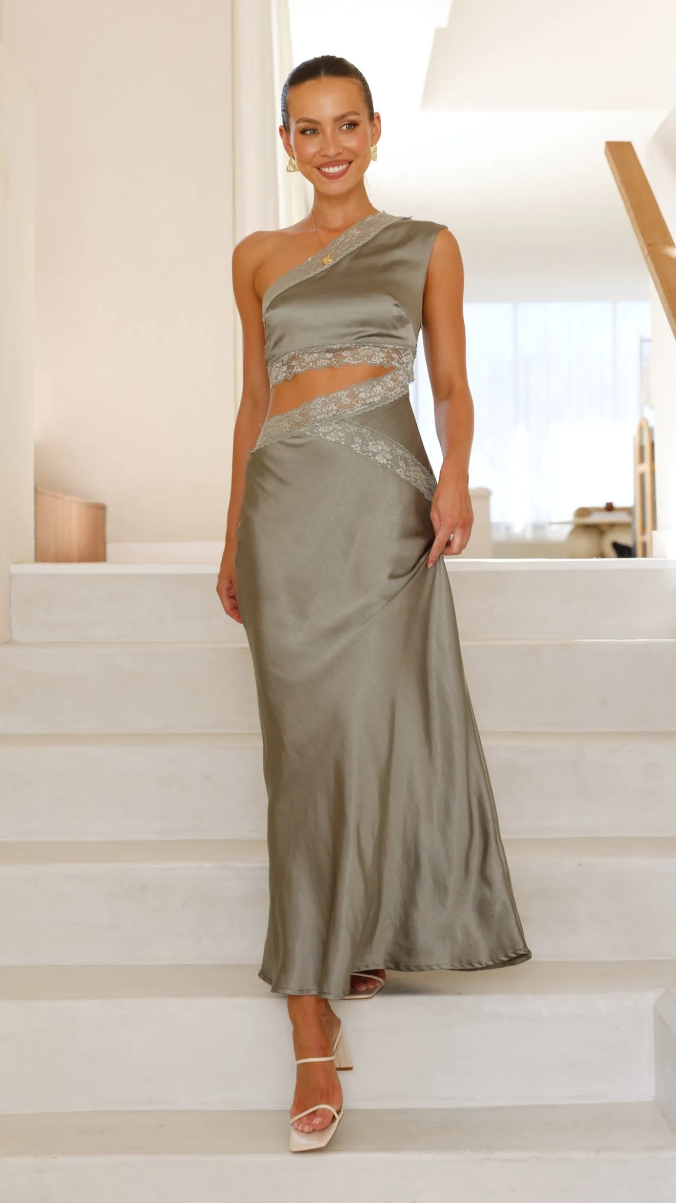 Emily One Shoulder Maxi Dress - Khaki