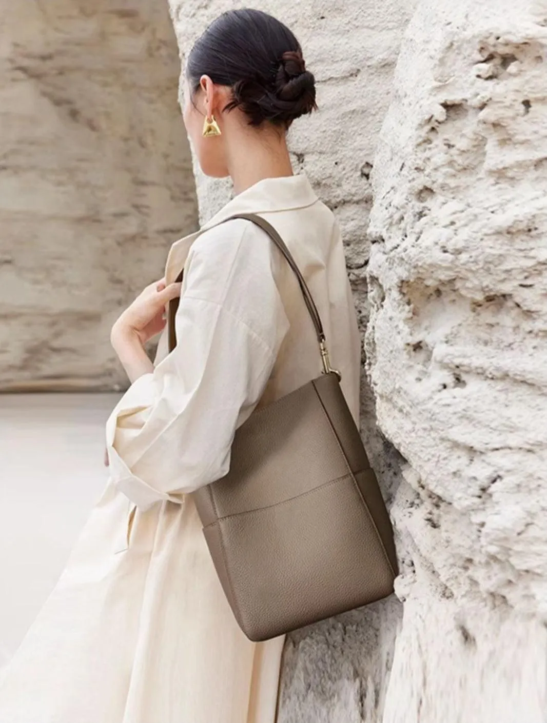 Extra Large Genuine Leather Bucket Bag, Minimalist Classic Leather Tote Bag, Fashion Designer Shoulder Bag Wide Strap, Gift For Her bucket bags for sale