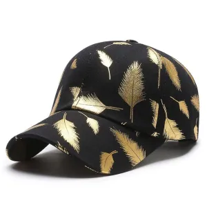 Falcon Gold Feather Baseball Cap stylish boater hat with ribbon on model