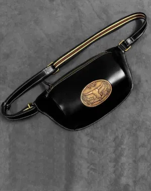 Fashion Black Genuine Leather Biker Fanny Pack Biker Waist Bag Motorcycle Hip Bag For Men Black
