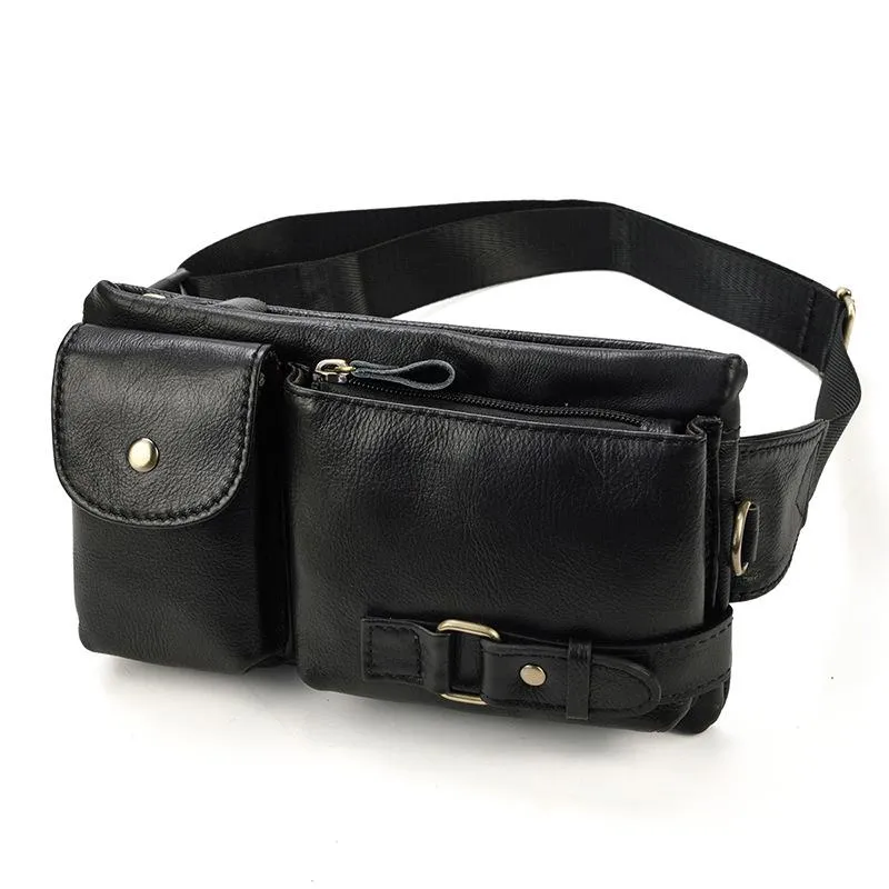 Fashion Brown Leather Men's Fanny Pack Black Hip Pack Waist Bag For Men