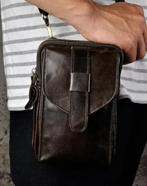 Fashion Leather Men's Belt Pouch Cell Phone Holsters Brown Mini Waist Bag For Men Coffee