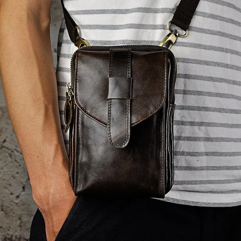 Fashion Leather Men's Belt Pouch Cell Phone Holsters Brown Mini Waist Bag For Men