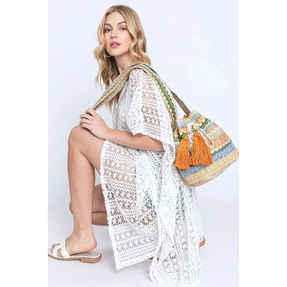 FASHNZFAB Mix Color Tassel Boho Swing Bucket Bag