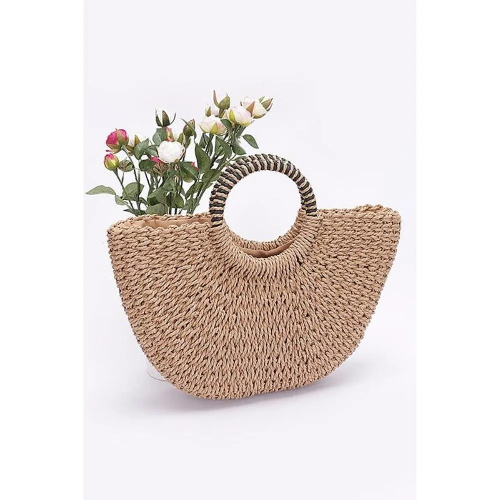 FASHNZFAB Top Handle Sea Shell Faux Straw Tote Bag
