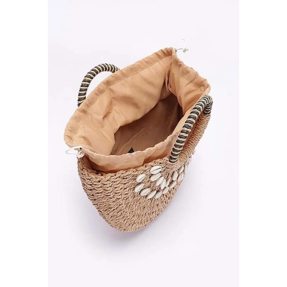 FASHNZFAB Top Handle Sea Shell Faux Straw Tote Bag